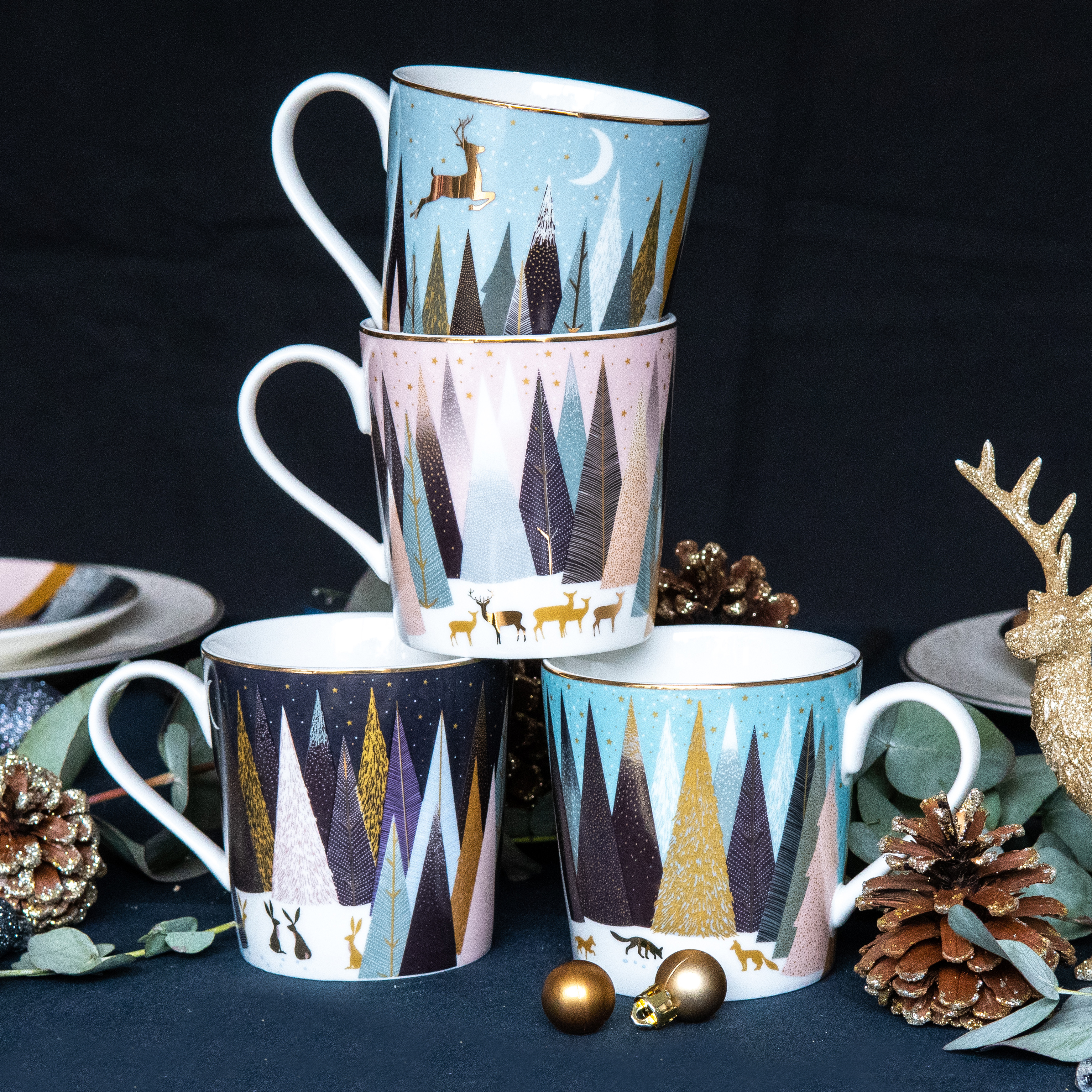 Sara Miller London Frosted Pines Set of 4 Mugs 12 oz image number null